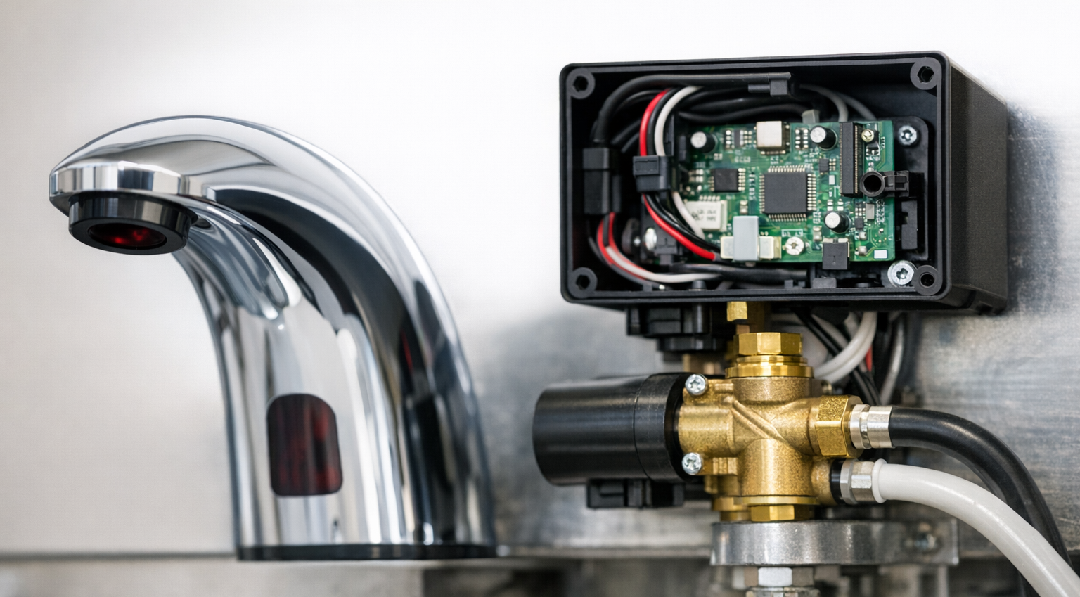 Commercial sensor faucet control board with infrared emitter and solenoid driver
